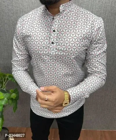 Trendy Silver Cotton Long Sleeves Printed Casual Shirt For Men
