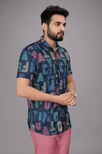 Trendy Blue Polyester Spandex Short Sleeves Printed Casual Shirt For Men-thumb1