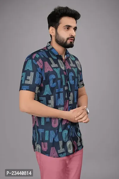 Trendy Blue Polyester Spandex Short Sleeves Printed Casual Shirt For Men-thumb2