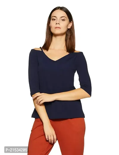 AARA Women's Blue Blouse Cold Shoulder Strap 3/4 Sleeve Shirt Tops-thumb0