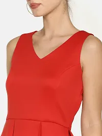 Stunning Red Polyester Self Design Pleated V-Neck Dress For Women-thumb4