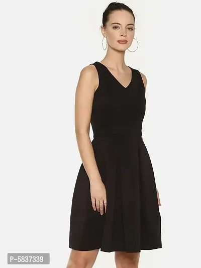 Stunning Black Polyester Self Design Pleated V-Neck Dress For Women