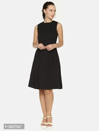 Stunning Black Cotton Self Design Pleated Dress For Women