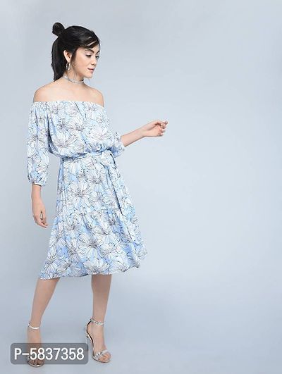Stunning Blue Viscose Self Design Blouson Dress For Women
