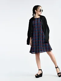 Stunning Blue Georgette Checked Plaid Shift Dress For Women-thumb1