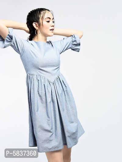 Stunning Blue Cotton Self Design Dress For Women