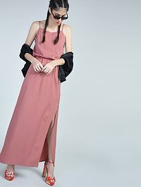 Stunning Pink Crepe Self Design High Slit Elasticated Waist Dress For Women-thumb1