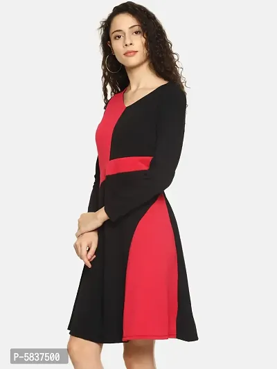 Women's Black Red Assymetric V Neck Dress-thumb2