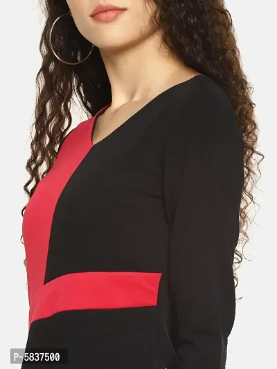 Women's Black Red Assymetric V Neck Dress-thumb5