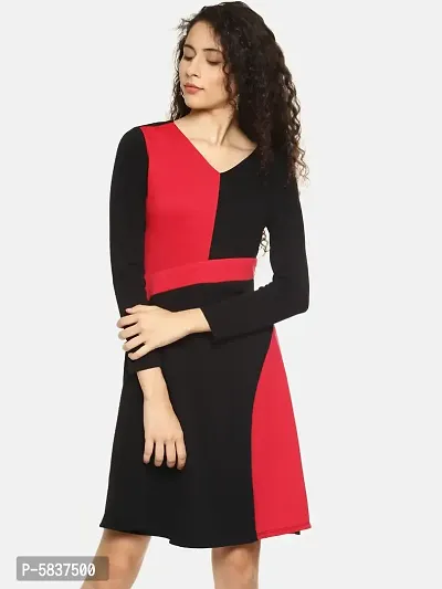 Women's Black Red Assymetric V Neck Dress-thumb0