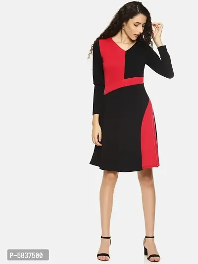 Women's Black Red Assymetric V Neck Dress-thumb4