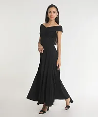 Stylish Polyester Black Solid Long Dress For Women-thumb1