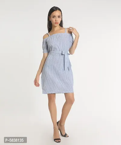 Stylish Cotton Light Blue Solid Stripe Dress For Women