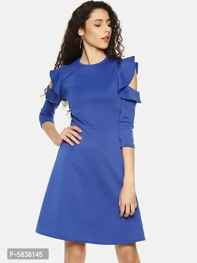 Stylish Polyester Blue Solid Cold Shoulder Dress For Women