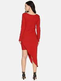 Stylish Cotton Red Solid V Neck Asymmetric Hemline Dress For Women-thumb2