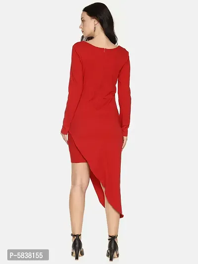 Stylish Cotton Red Solid V Neck Asymmetric Hemline Dress For Women-thumb3