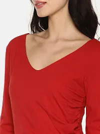 Stylish Cotton Red Solid V Neck Asymmetric Hemline Dress For Women-thumb4