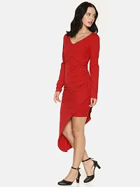 Stylish Cotton Red Solid V Neck Asymmetric Hemline Dress For Women-thumb1