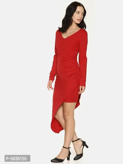 Stylish Cotton Red Solid V Neck Asymmetric Hemline Dress For Women-thumb2