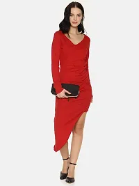 Stylish Cotton Red Solid V Neck Asymmetric Hemline Dress For Women-thumb3