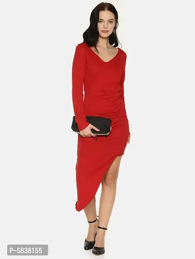 Stylish Cotton Red Solid V Neck Asymmetric Hemline Dress For Women-thumb4