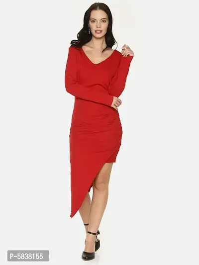 Stylish Cotton Red Solid V Neck Asymmetric Hemline Dress For Women-thumb0