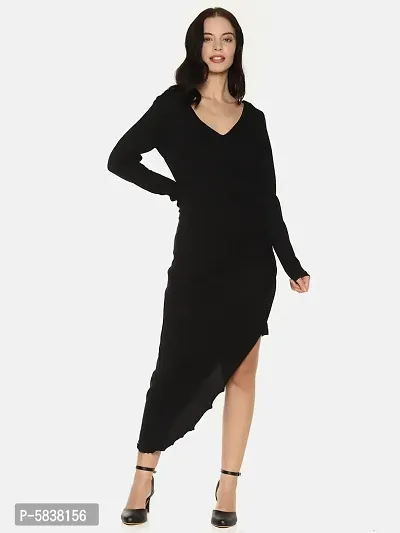 Stylish Cotton Black Solid V Neck Asymmetric Hemline Dress For Women