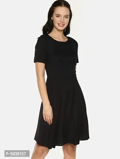 Stylish Rayon Black Solid Short Sleeves Bowknot Neck Dress For Women