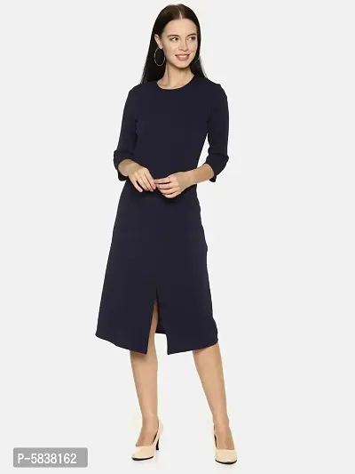 Stylish Polyester Navy Blue Solid 3/4 Sleeve Front Slit Simple Flare Dress For Women