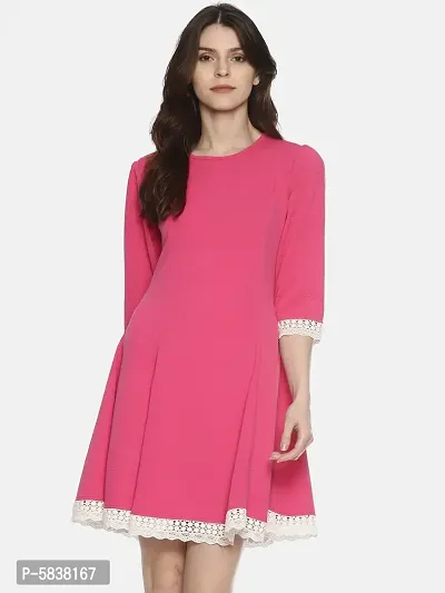 Stylish Polyester Pink Solid 3/4 Sleeves Round Neck Lace Dress For Women