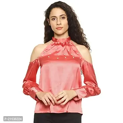AARA Presents Stylish Blue Solid Pearl Embellished Cold Shoulder Top for Casual