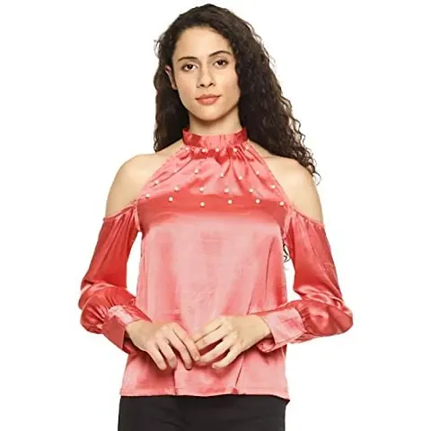 AARA Presents Stylish Solid Pearl Embellished Cold Shoulder Top for Casual