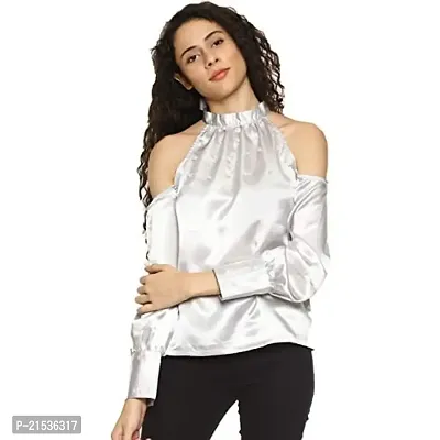 AARA Presents Stylish Blue Solid Pearl Embellished Cold Shoulder Top for Casual-thumb0
