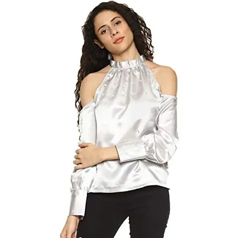 AARA Presents Stylish Solid Pearl Embellished Cold Shoulder Top for Casual