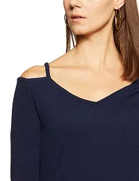 AARA Women's Blue Blouse Cold Shoulder Strap 3/4 Sleeve Shirt Tops-thumb2