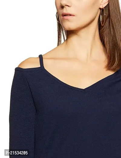 AARA Women's Blue Blouse Cold Shoulder Strap 3/4 Sleeve Shirt Tops-thumb3