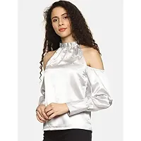 AARA Presents Stylish Blue Solid Pearl Embellished Cold Shoulder Top for Casual-thumb1