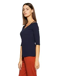 AARA Women's Blue Blouse Cold Shoulder Strap 3/4 Sleeve Shirt Tops-thumb1