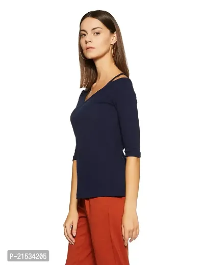 AARA Women's Blue Blouse Cold Shoulder Strap 3/4 Sleeve Shirt Tops-thumb2