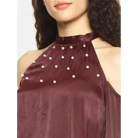 AARA Presents Stylish Blue Solid Pearl Embellished Cold Shoulder Top for Casual-thumb4