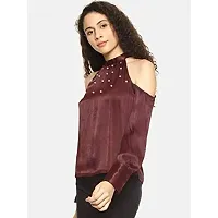 AARA Presents Stylish Blue Solid Pearl Embellished Cold Shoulder Top for Casual-thumb1