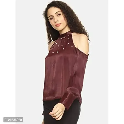 AARA Presents Stylish Blue Solid Pearl Embellished Cold Shoulder Top for Casual-thumb2
