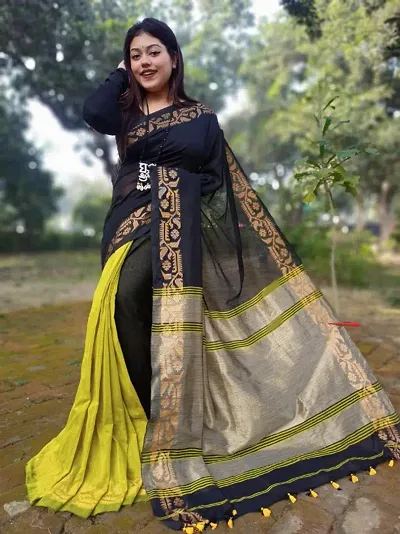 Handloom Cotton Printed Border Sarees With Blouse Piece