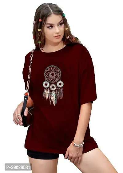 NaRnia? Oversized Loose Baggy Fit Drop Shooulder Half Sleeves Pure Cotton Happy Guy Graphic Printed Black T-Shirt for Women (Small, Maroon)