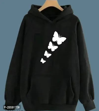 Stylish Black Cotton Blend Printed Hooded Sweatshirt For Women