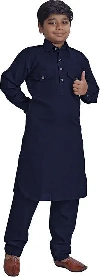 Styylish Navy Blue Cotton Blend Kurta Sets For Kids-thumb2