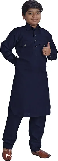 Styylish Navy Blue Cotton Blend Kurta Sets For Kids-thumb3