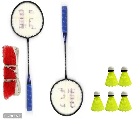 Kobro Single Shaft Racket 2 Piece Badminton With 5 Piece Nylon Shuttle And Net Badminton Kit