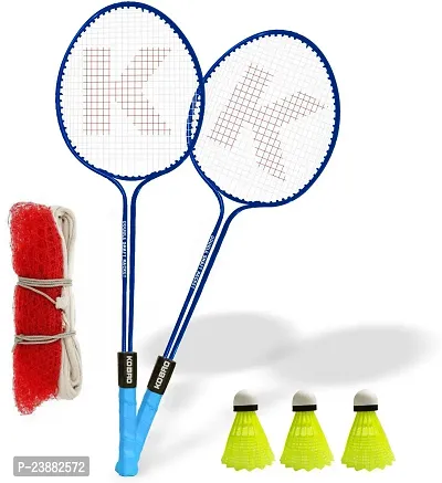 Kobro Double Shaft Racquet Set Of 2 Piece With 3 Piece Nylon Shuttle Cock And Net Badminton Kit-thumb0