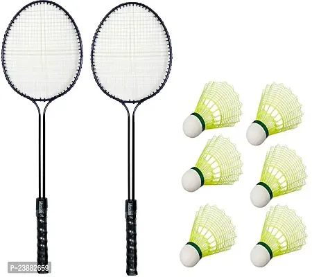 2 Double Shaft Badminton Racquet With 6 Pc Nylon Shuttle Badminton Kit-thumb0